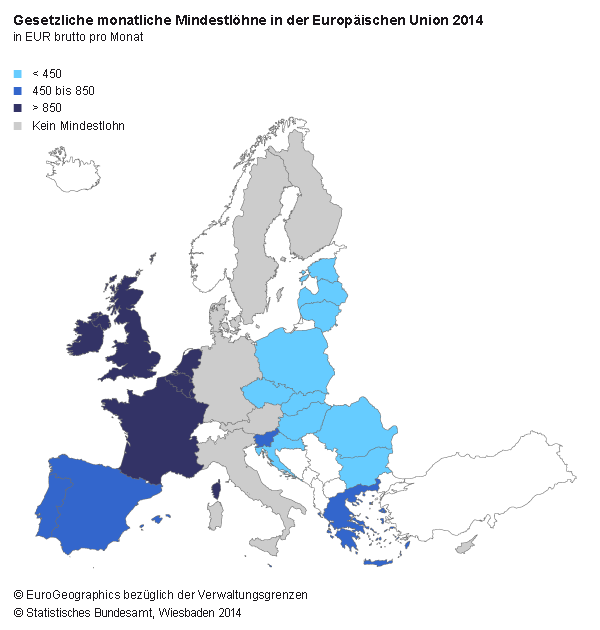 Mindestlöhne in der EU: Im Westen hoch, im Osten niedrig.  (Foto: Statistisches Bundesamt, Wiesbaden 2014)